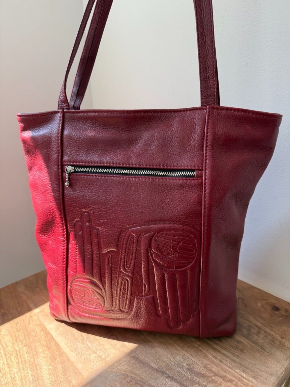 DOROTHY GRANT Haida Art Embossed Leather Tote Bag Purse Oxblood Red